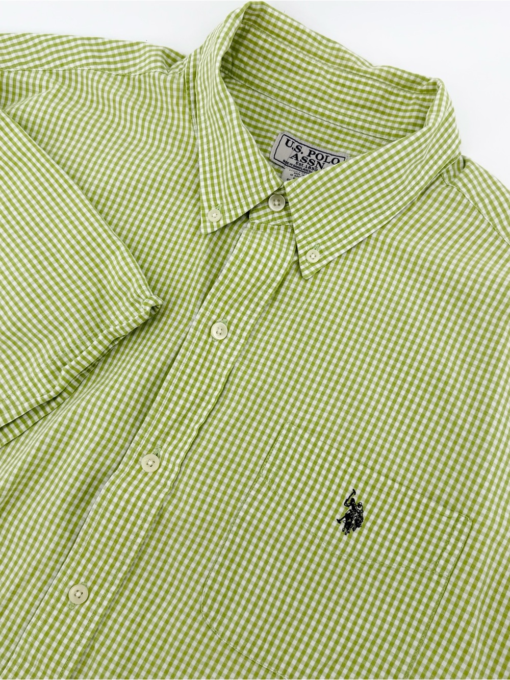 US Polo Assn Mens Short Sleeve Gingham Button Down Shirt Green White Check XL